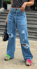 BOTA RECTA CINTURON AZUL CON CORDÓN BUCK LOS MEJORES JEANS DE COLOMBIA